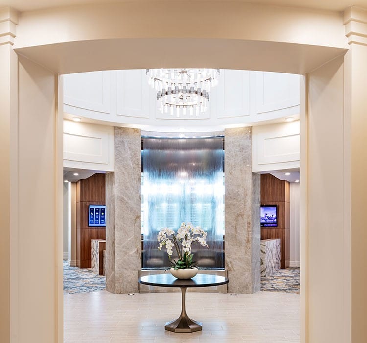 Interior view of a bright lobby with architectural details