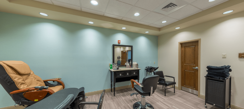 Interior view of a salon area in a senior living facility