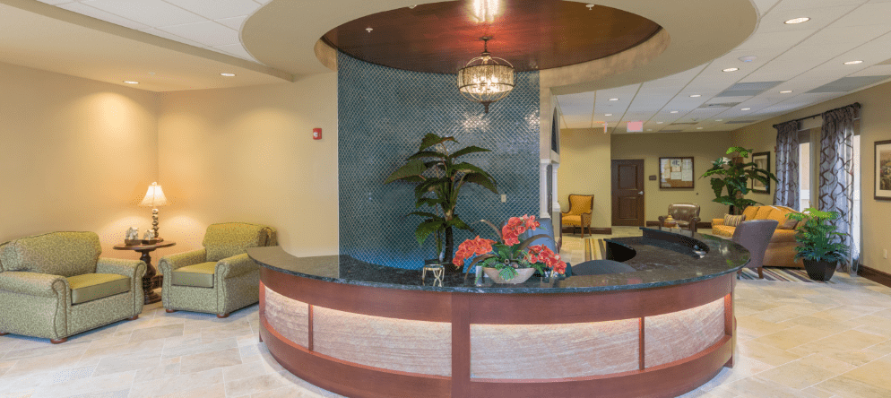 Interior view of a welcoming reception area with seating