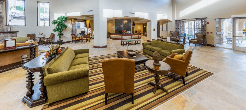 Bright and inviting common area with seating
