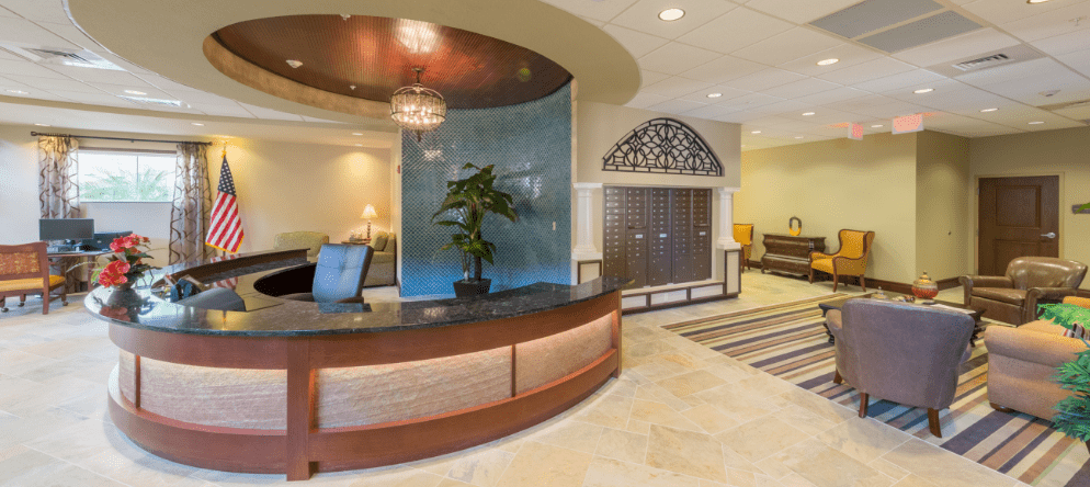 Interior view of a welcoming reception area with seating