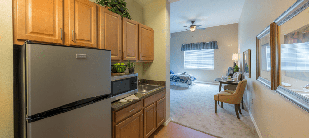 Cozy kitchen area leading to a resident room