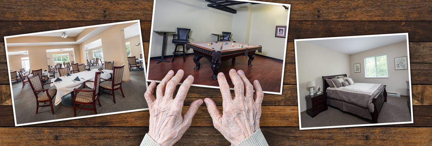 Collage of dining room, activity room, and resident bedroom