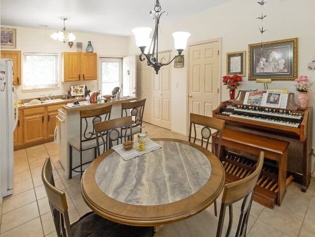 Cozy kitchen and dining area with wooden furniture