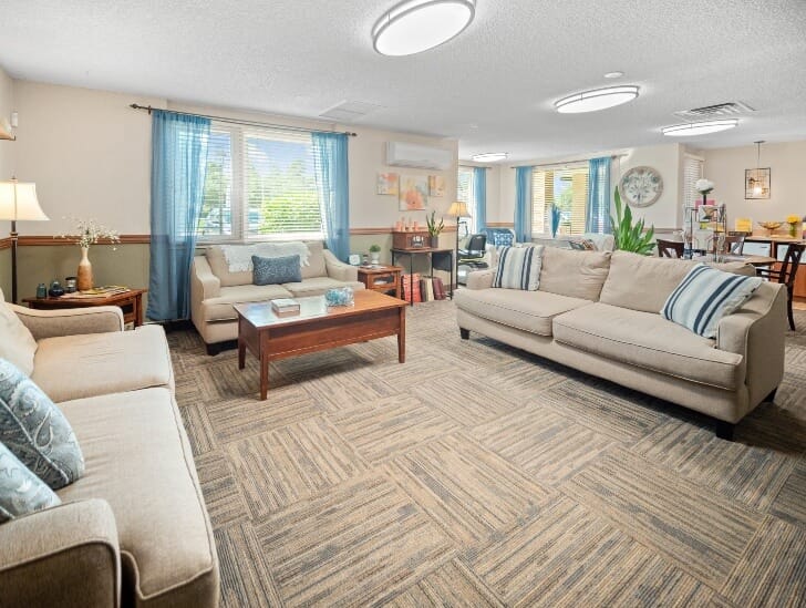 Bright and welcoming common area with seating