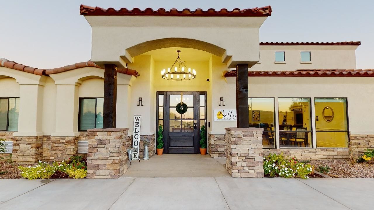 Exterior view of a senior living facility entrance