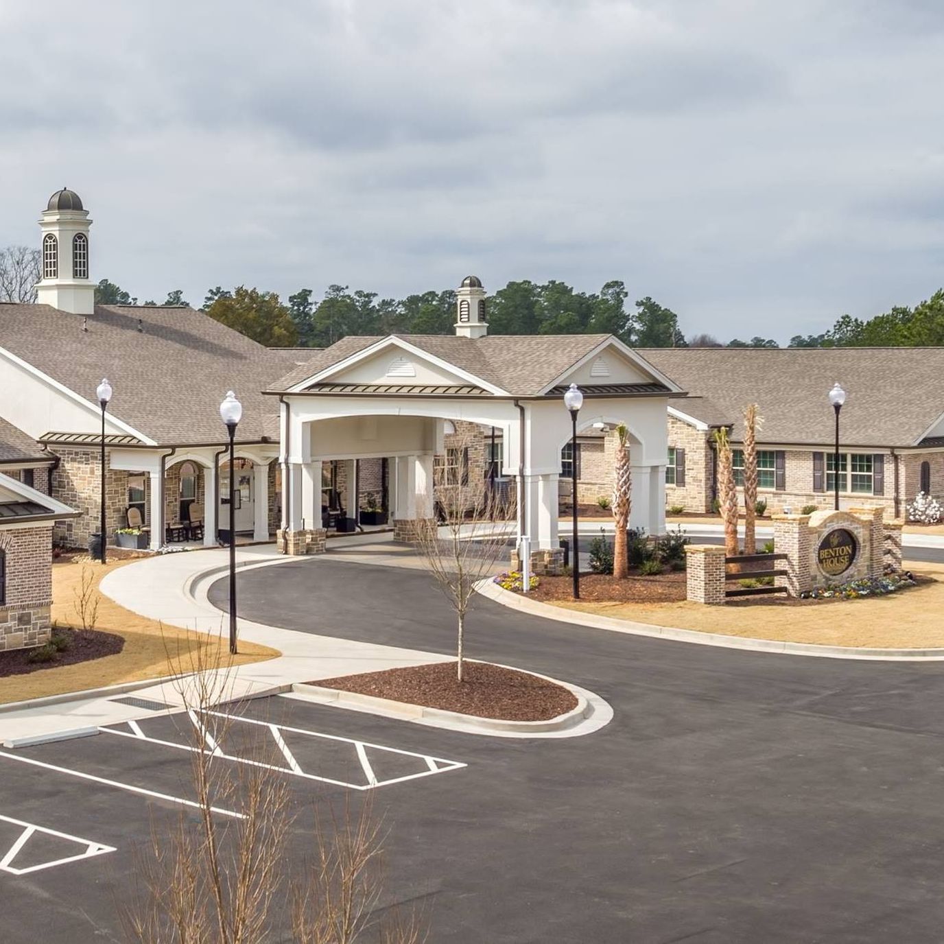 Exterior view of a senior living facility entrance