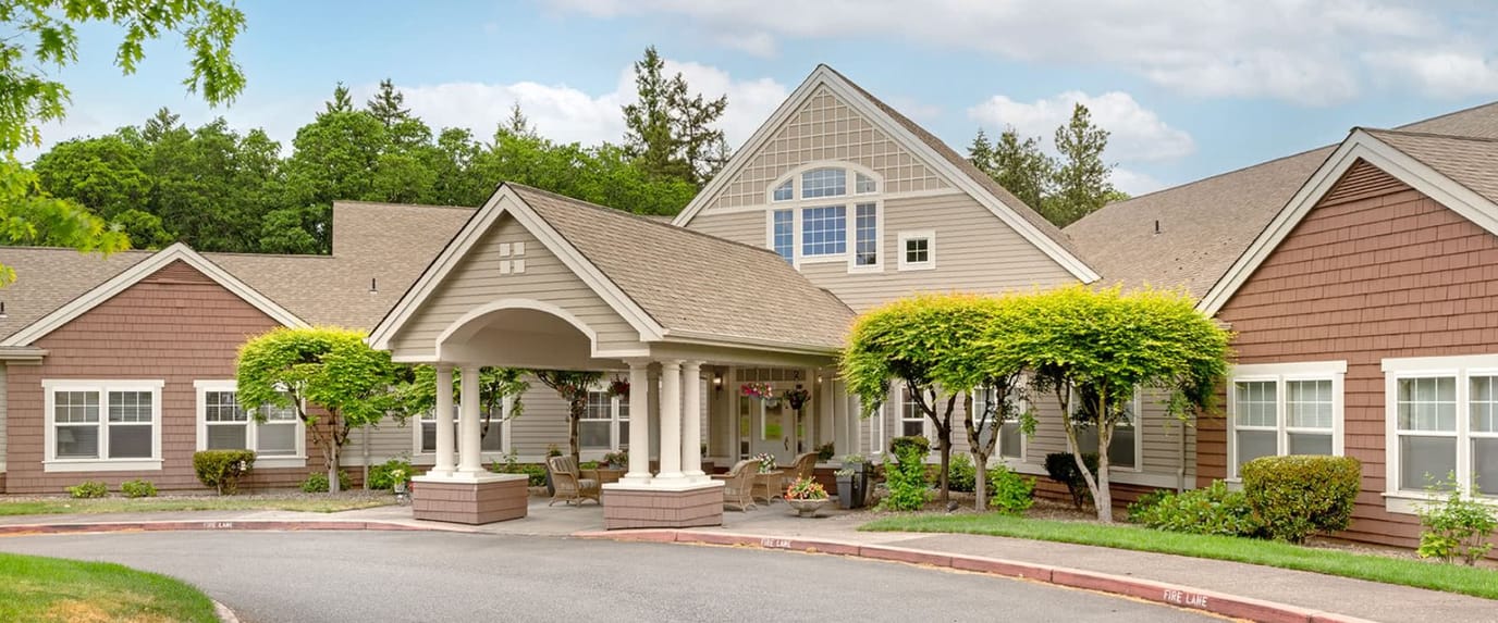 Exterior view of a senior living facility entrance