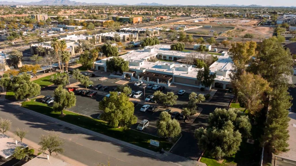 Aerial view of the assisted living facility and surrounding area