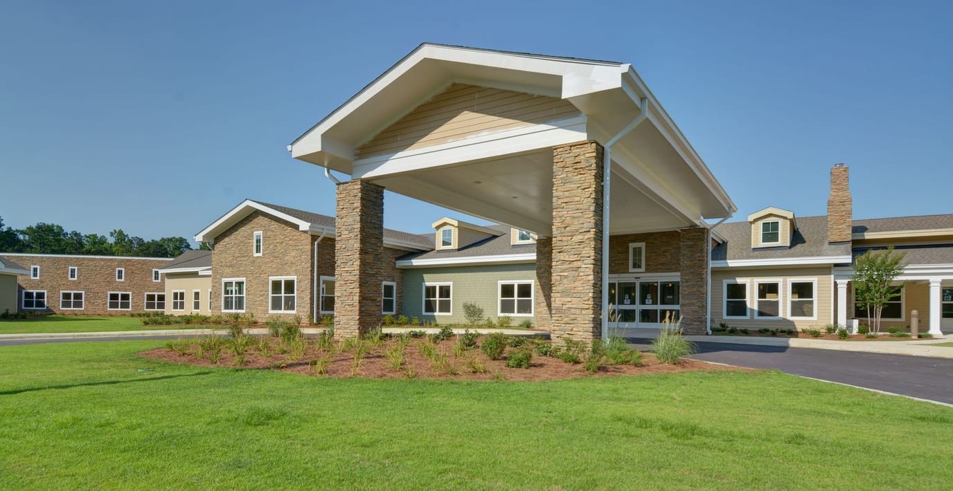 Exterior view of a senior living facility entrance
