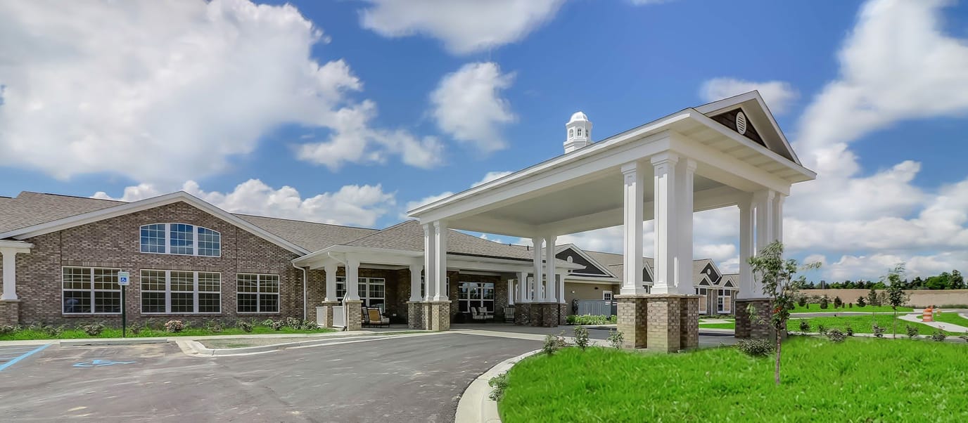 Exterior view of an assisted living facility entrance