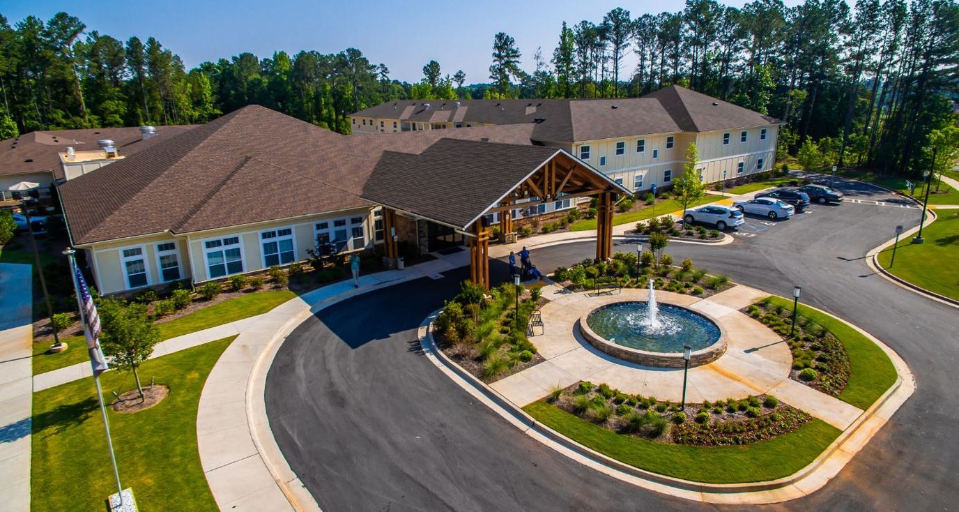Aerial view of the Oaks at Grove Park entrance and landscaping