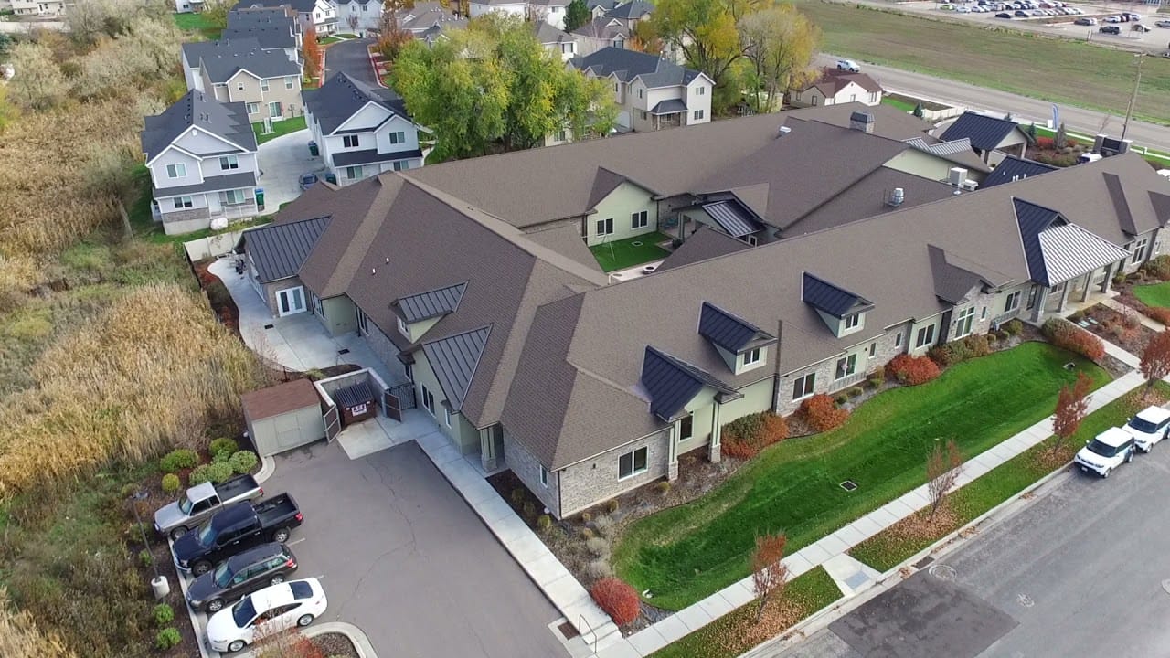 Aerial view of the assisted living facility and surrounding area