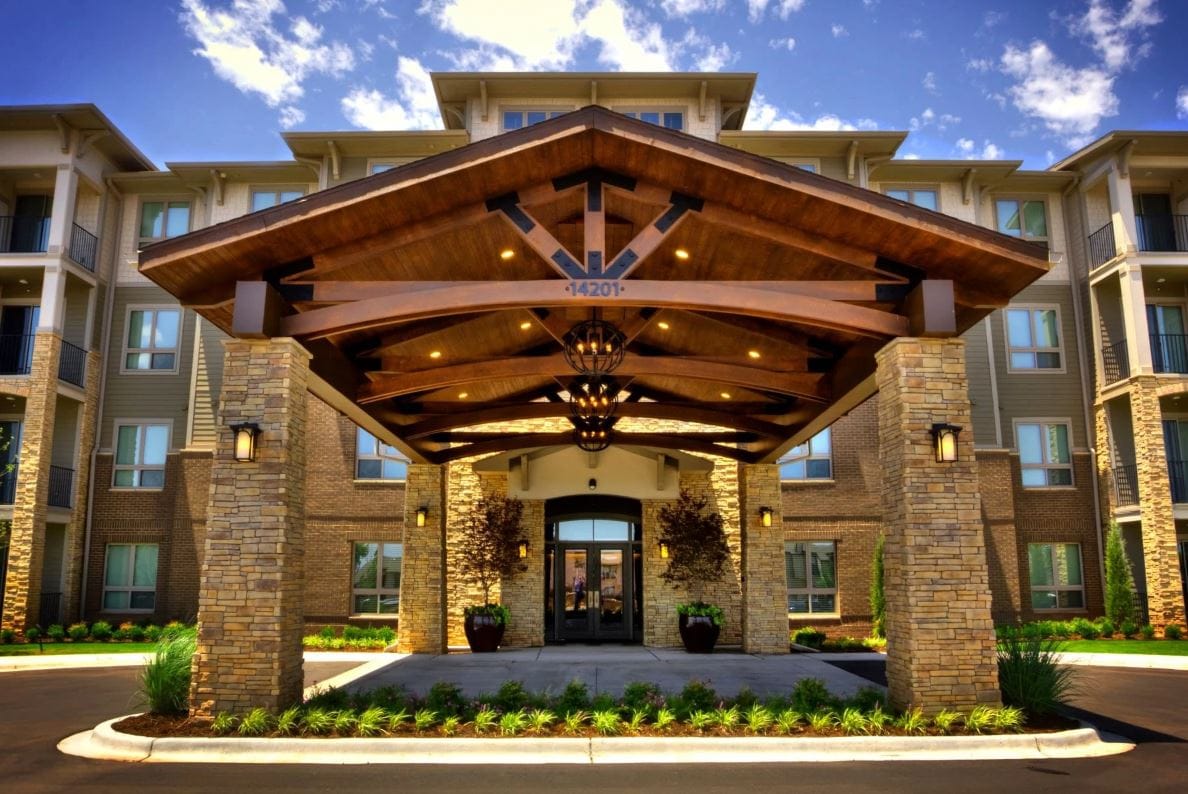 Exterior view of a senior living facility entrance