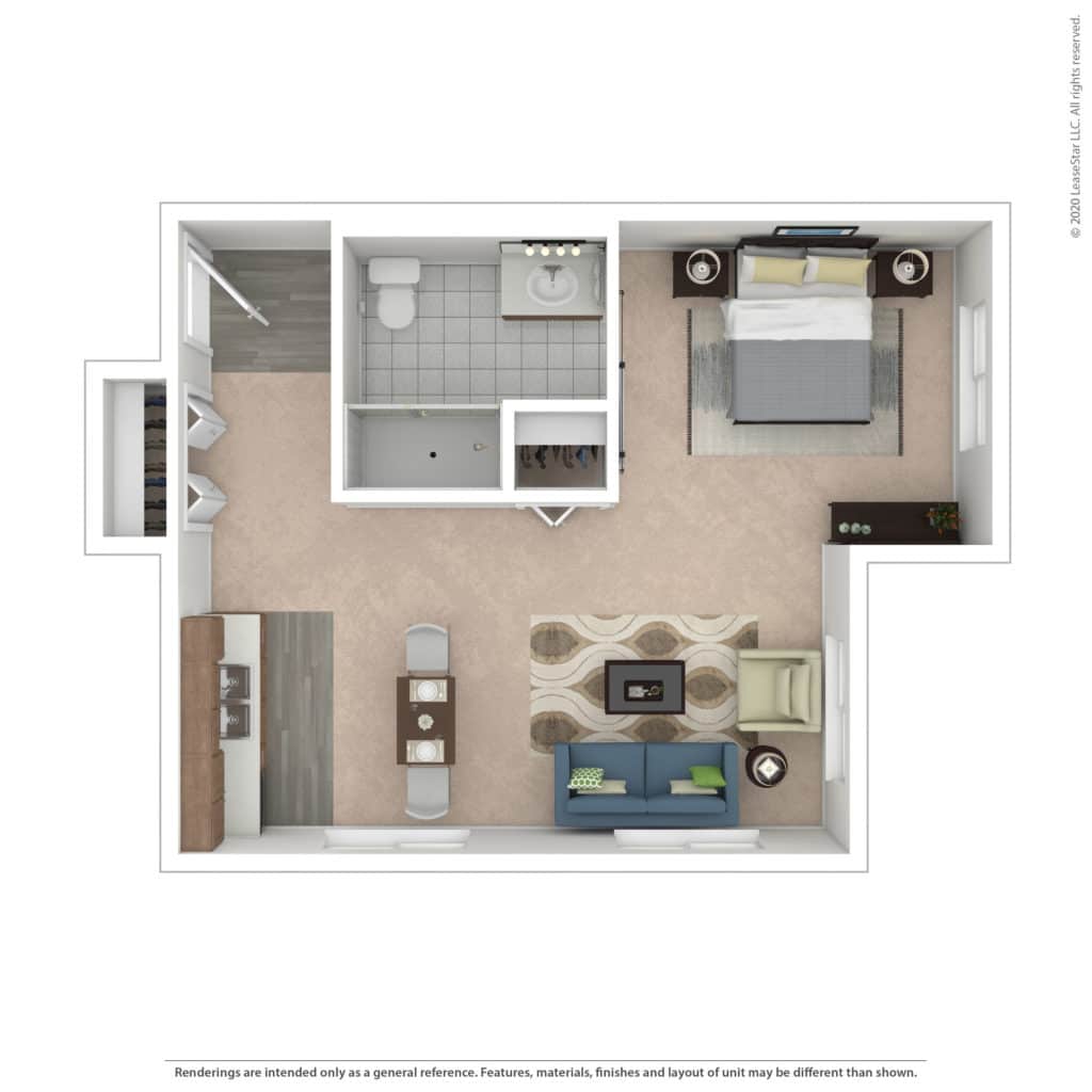 Floor plan of a residential unit with living area and bathroom