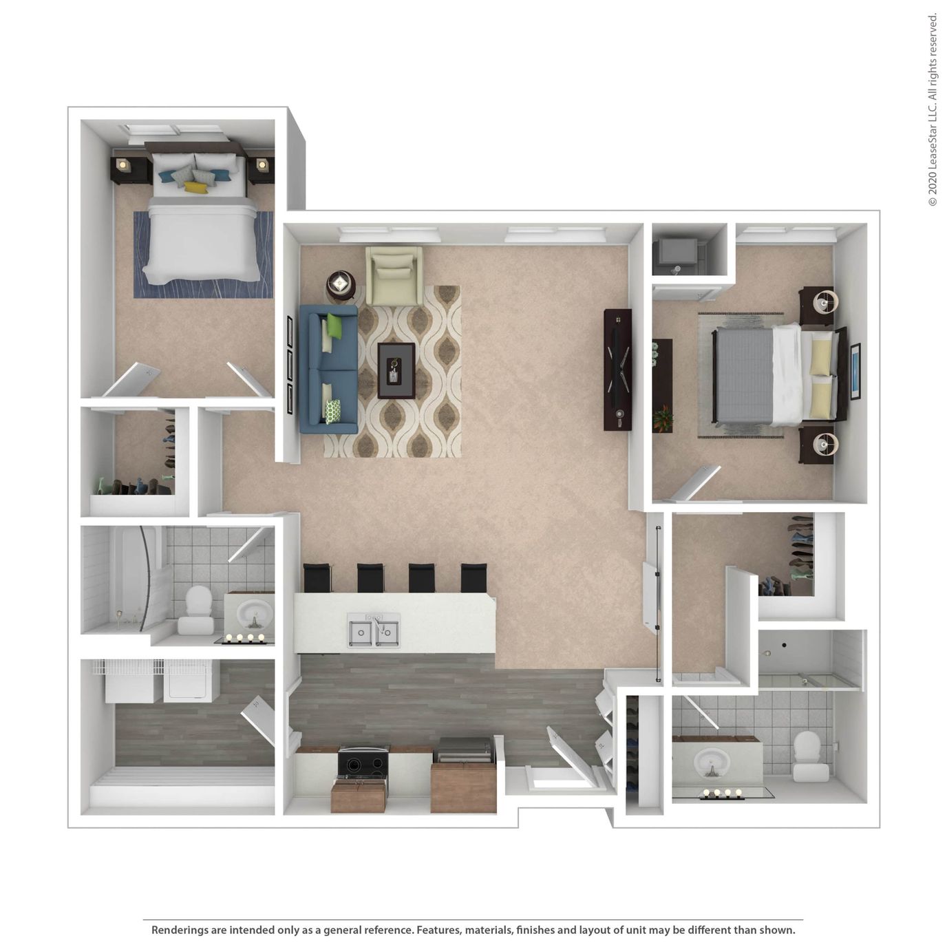 Architectural floor plan of a two-bedroom unit