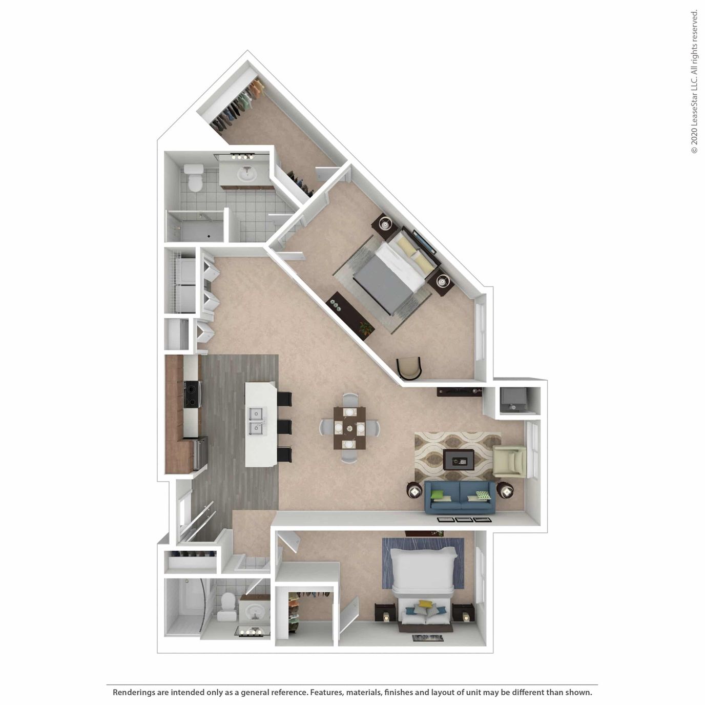 Architectural floor plan of a one-bedroom unit