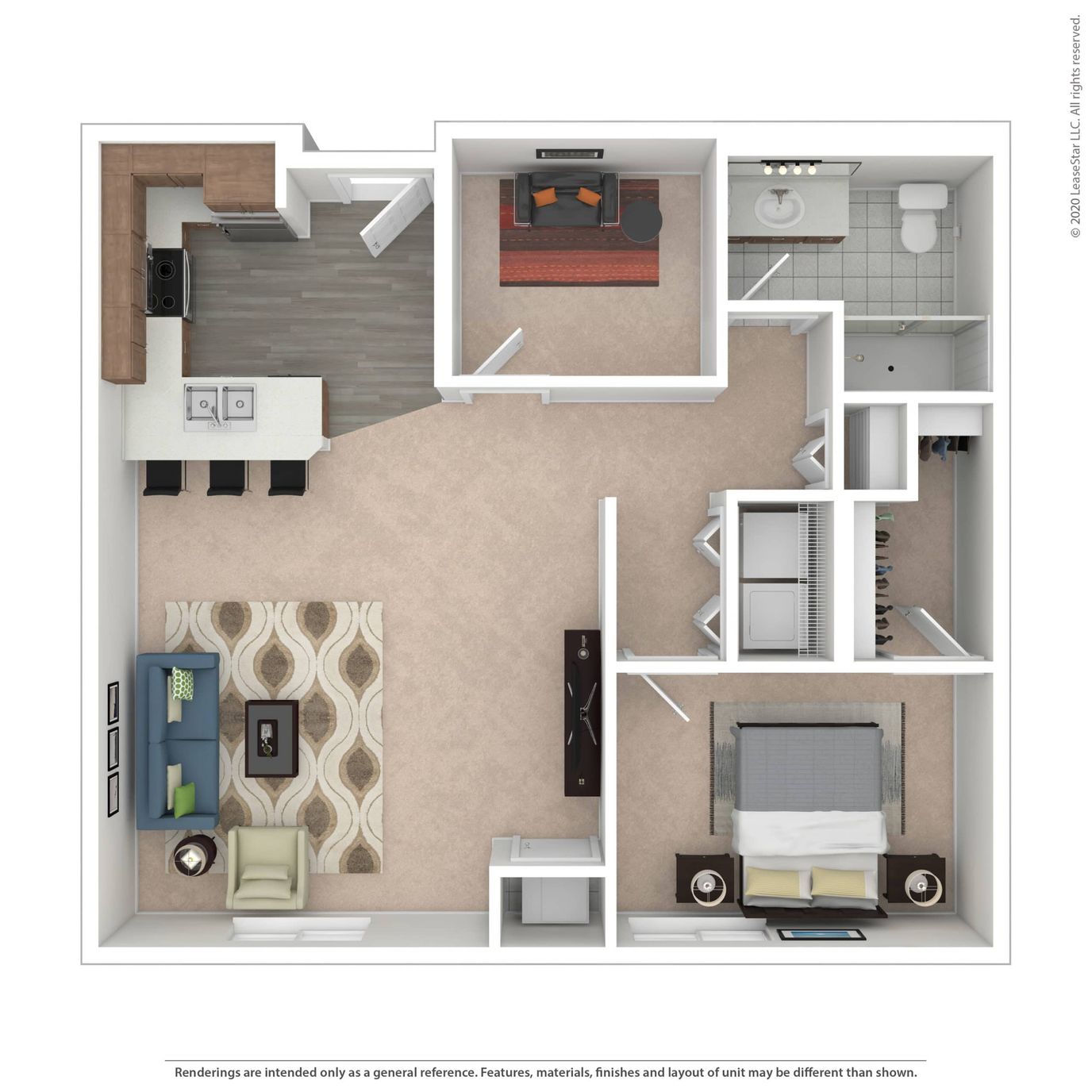 Interior rendering of a senior living apartment layout