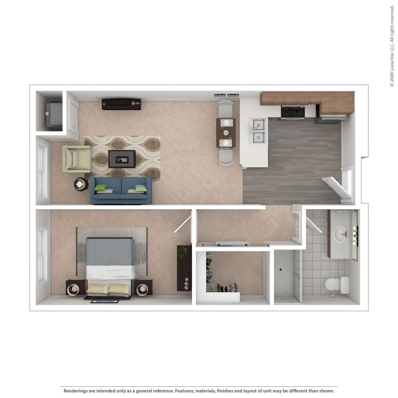 Architectural floor plan of a two-room unit