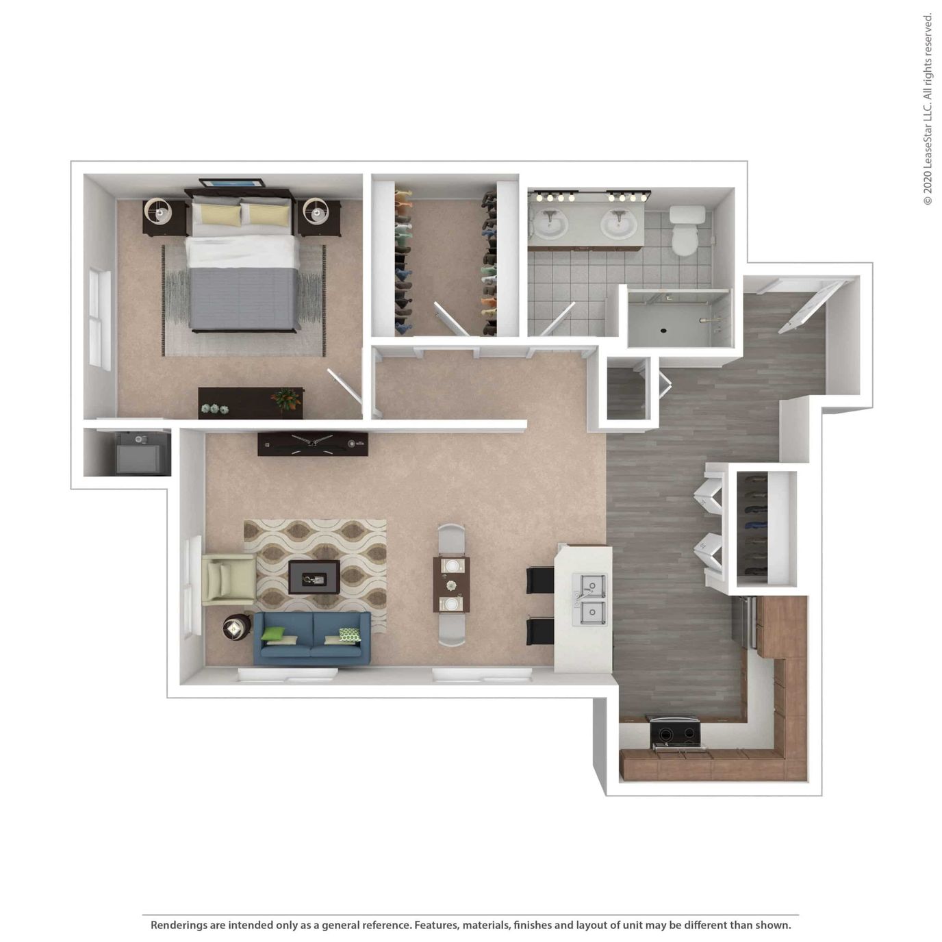 Architectural floor plan of a two-bedroom unit