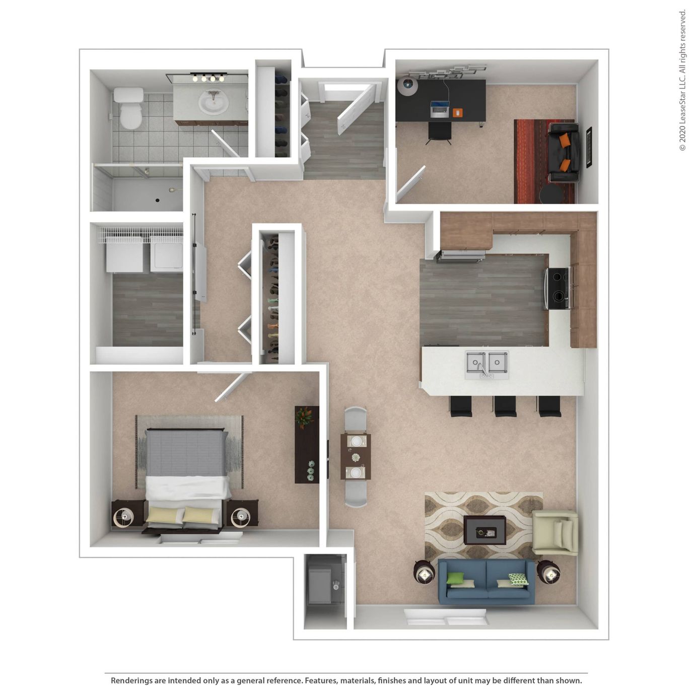Architectural floor plan of a senior living unit