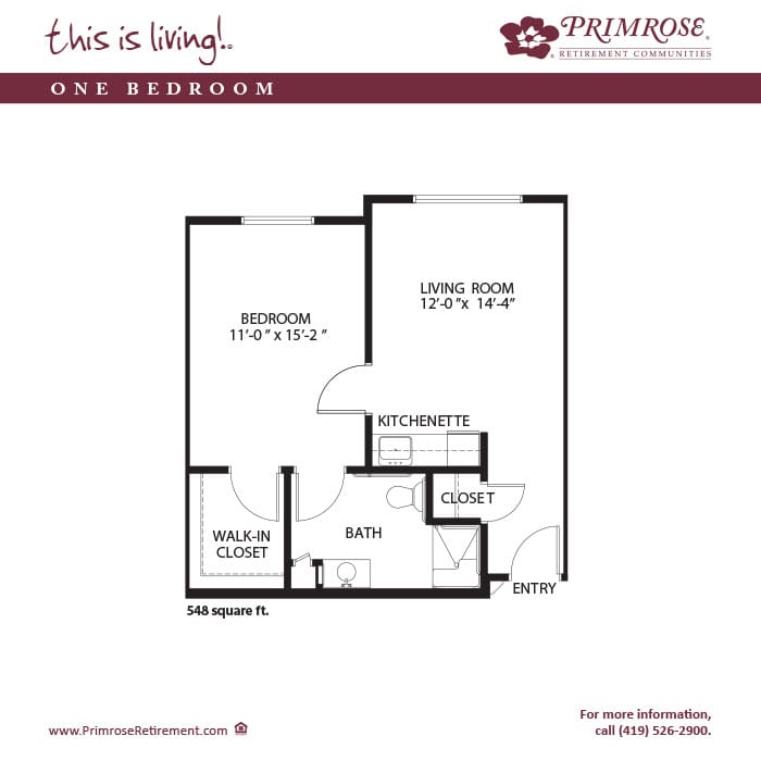 Architectural floor plan of a one-bedroom unit