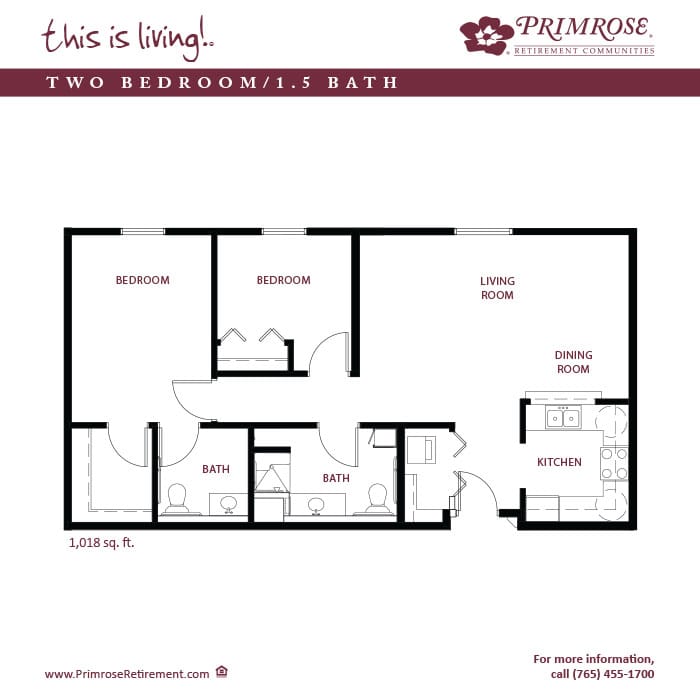 Floor plan of a two-bedroom unit with a bath
