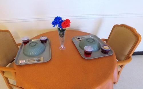 South Heritage Health & Rehabilitation Center, Nursing Home in St. Petersburg, FL — Dining table set with meal trays and flowers