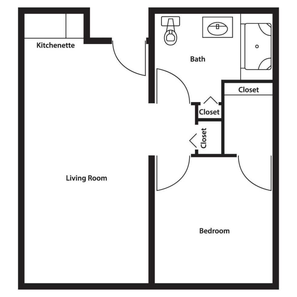 Architectural floor plan of a one-bedroom unit
