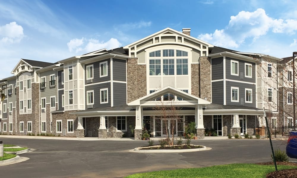 Modern assisted living facility's front entrance