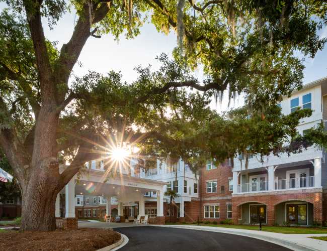 Exterior view of assisted living facility with a large tree