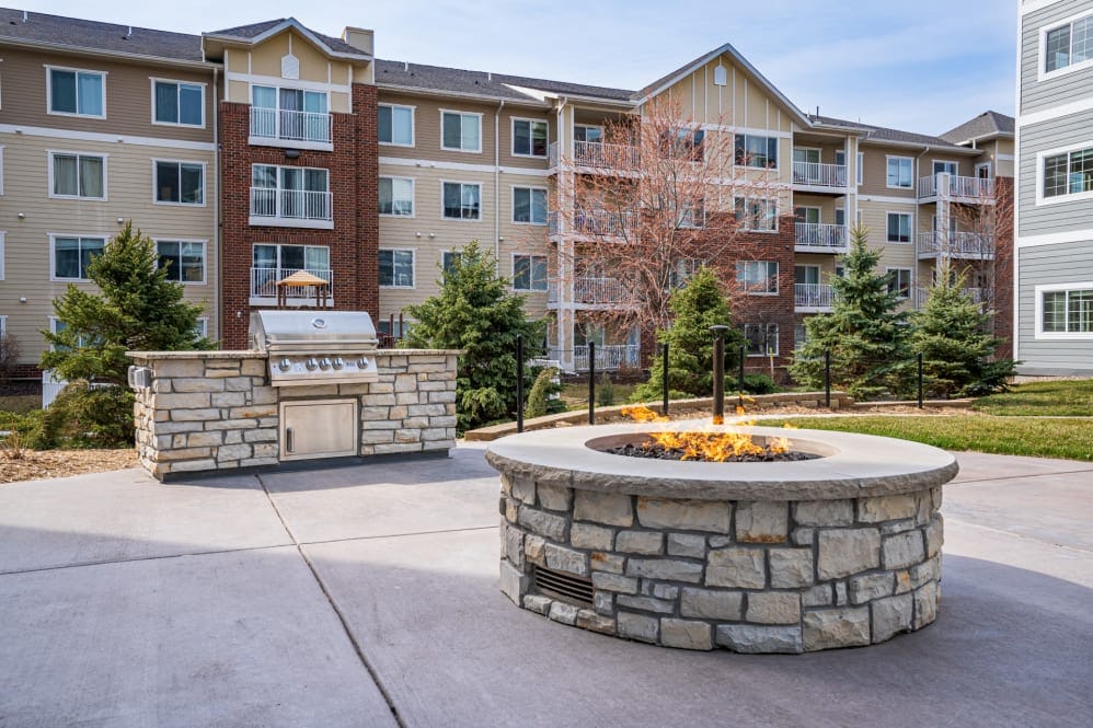 Outdoor area with stone grill and fire pit