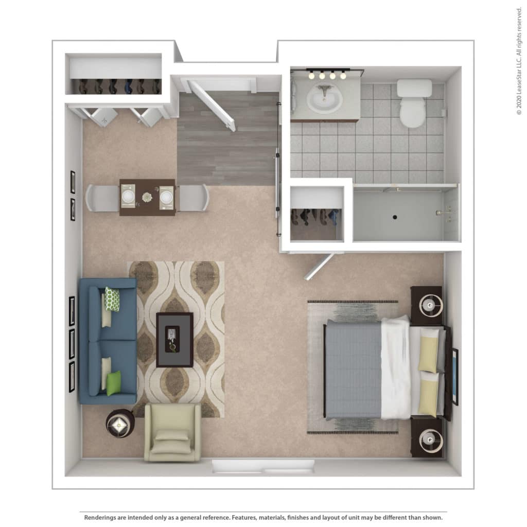 Floor plan rendering of a one-bedroom unit