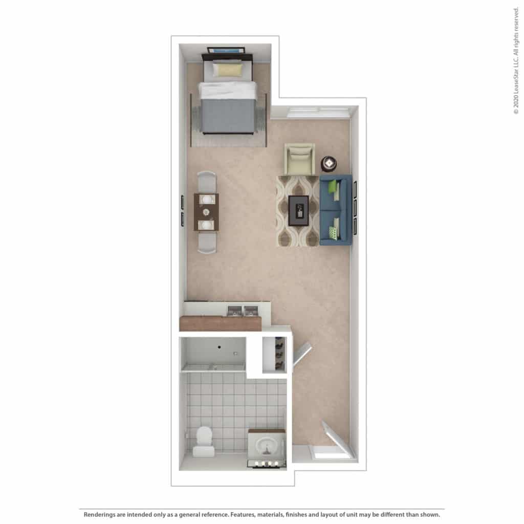 Layout of a private resident room with furnishings