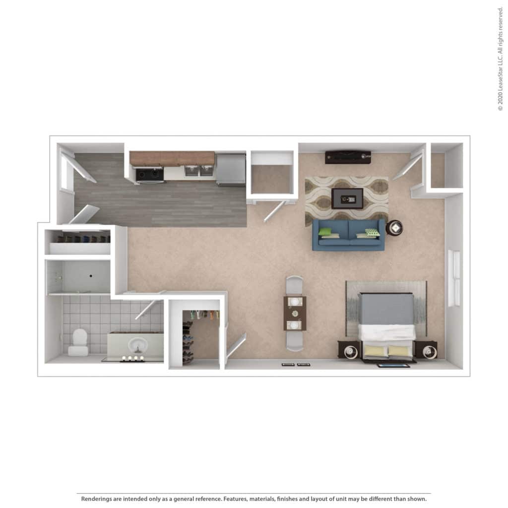 Floor plan layout of a one-bedroom unit