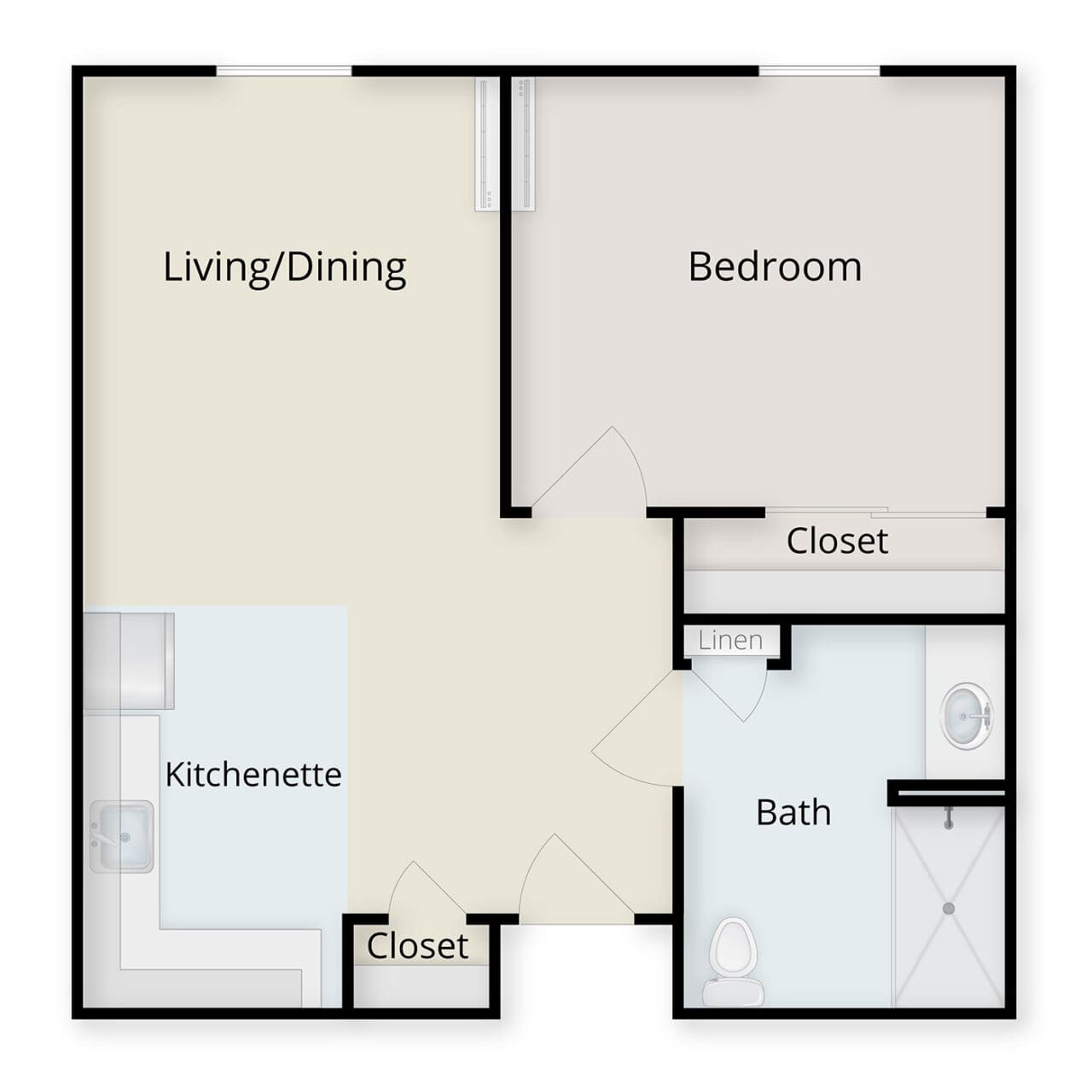 Architectural floor plan of a one-bedroom unit