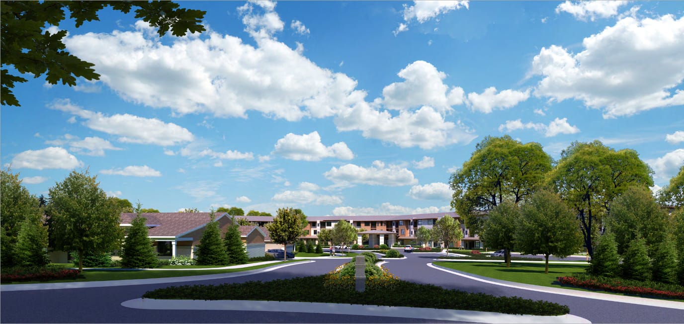 Sunny outdoor view of the facility with trees and pathways