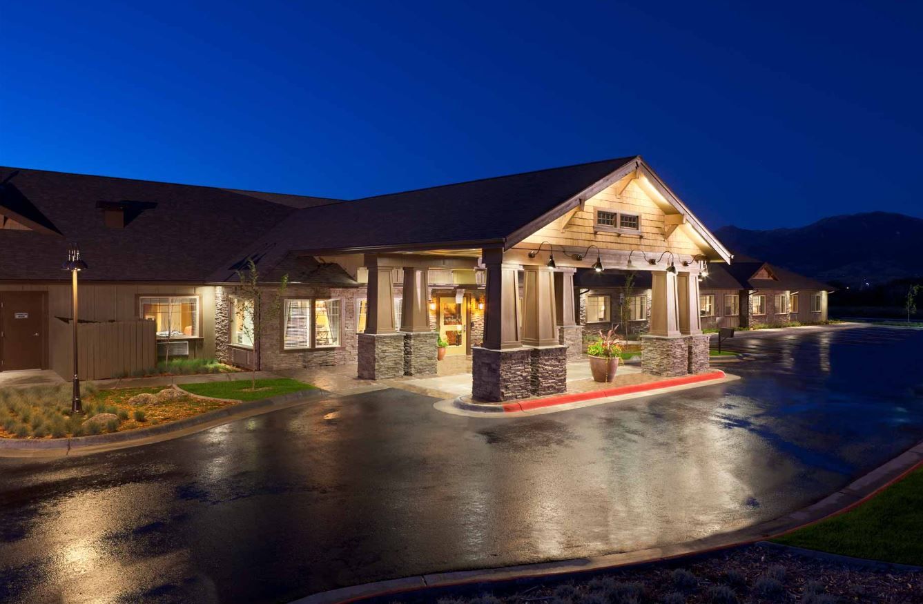 Exterior view of Birchwood at Hillcrest at night