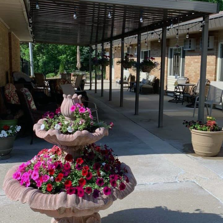 A vibrant outdoor area with flowers and seating
