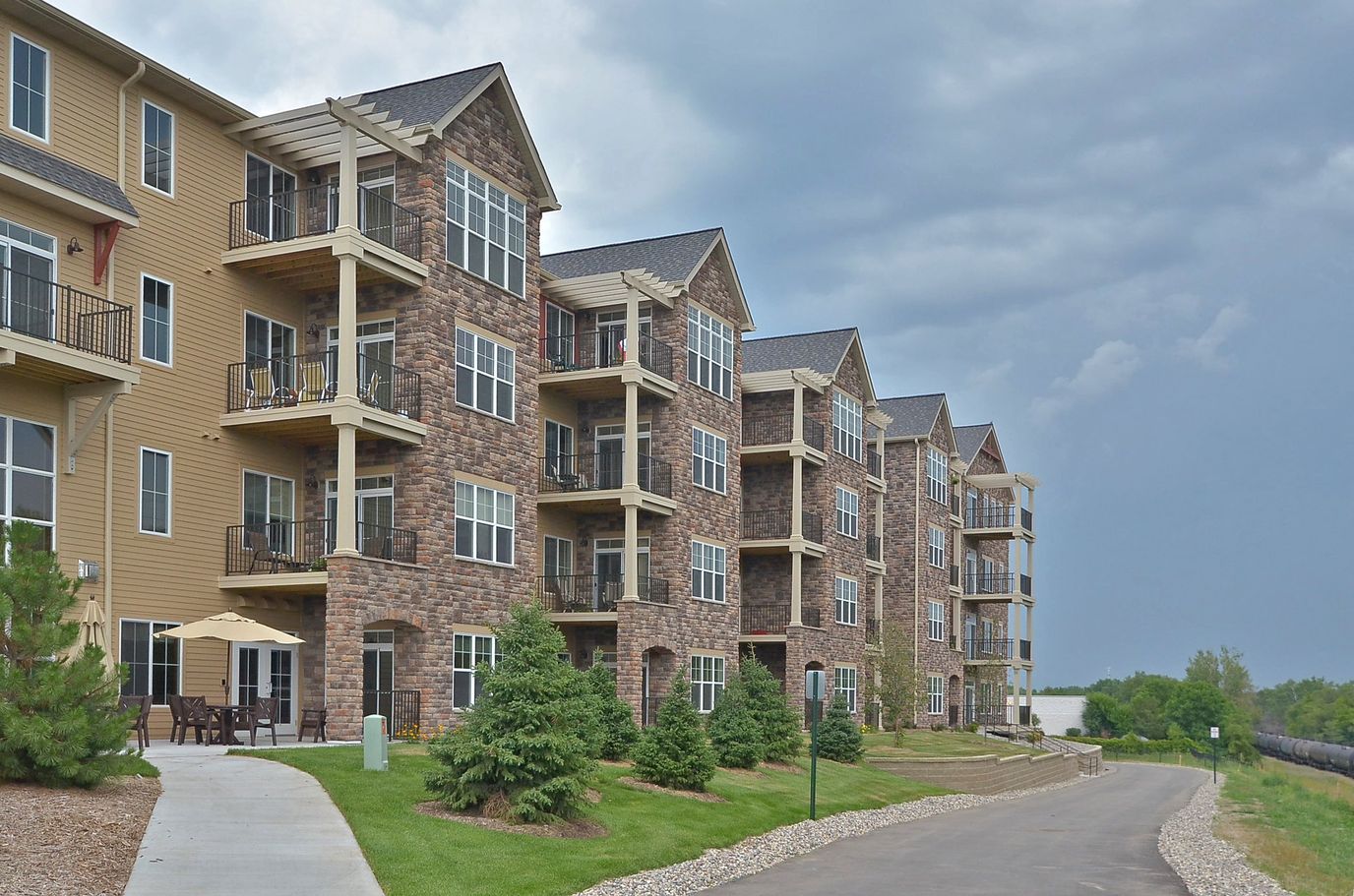 Exterior view of Founders Ridge building with landscaped area