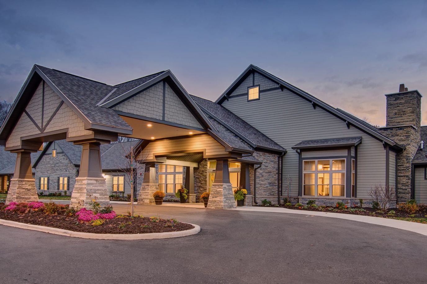 Exterior view of Maplewood at Cuyahoga Falls at dusk