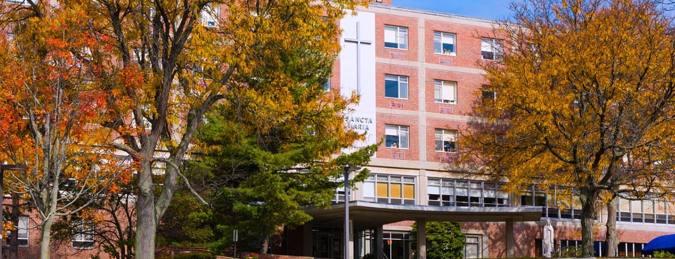 Exterior view of Sancta Maria nursing home in autumn