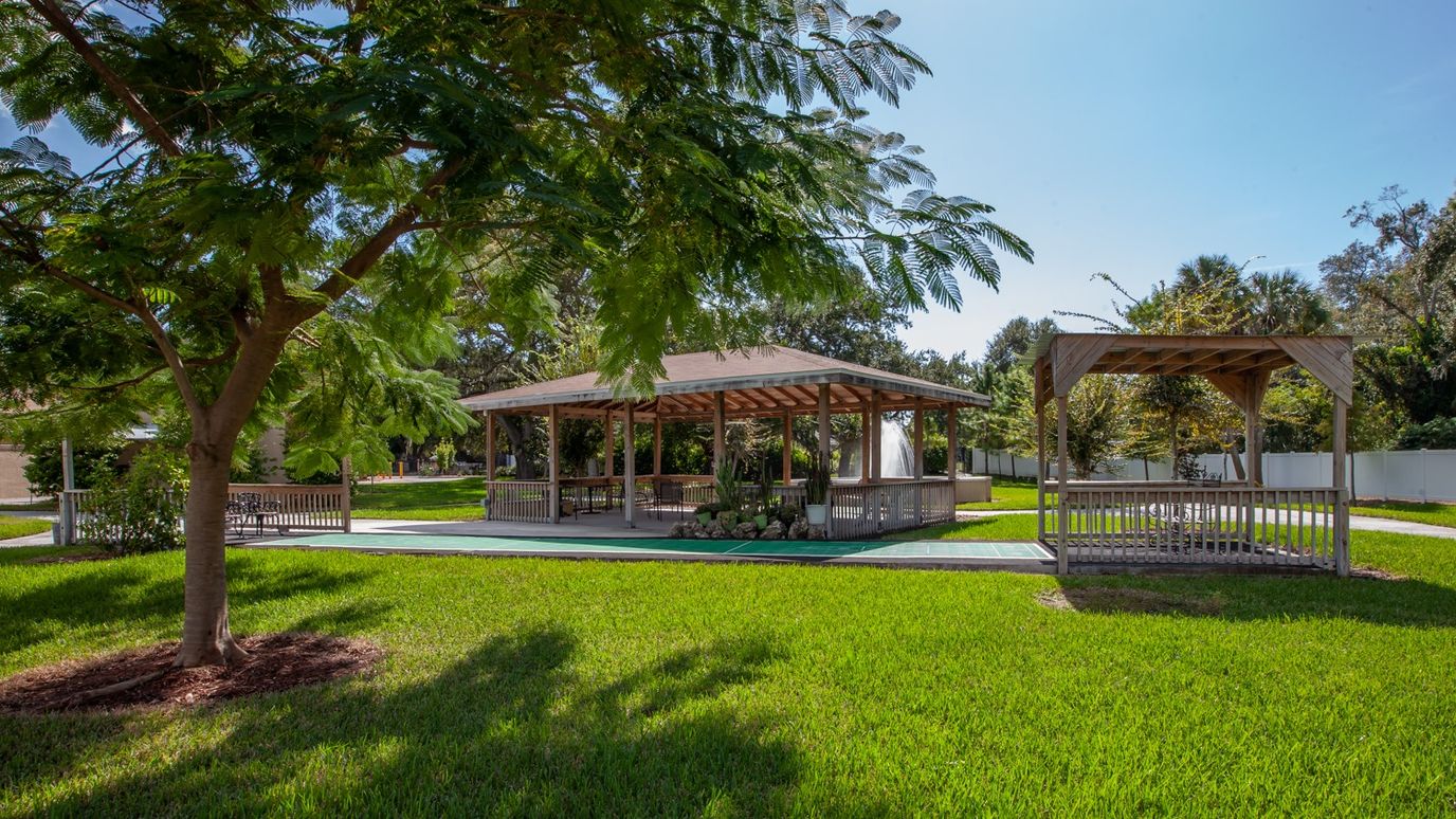 Outdoor gazebo in a lush green space