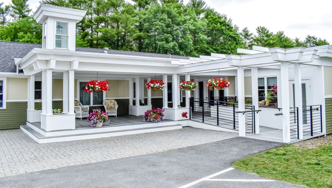 Exterior of a facility with flower decorations