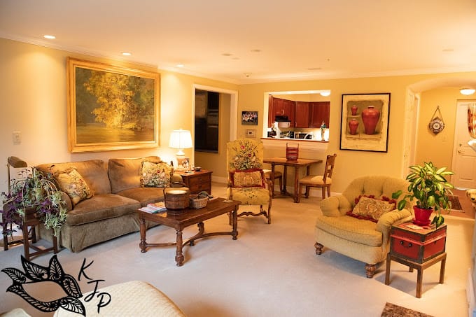 Cozy common area with furniture and artwork