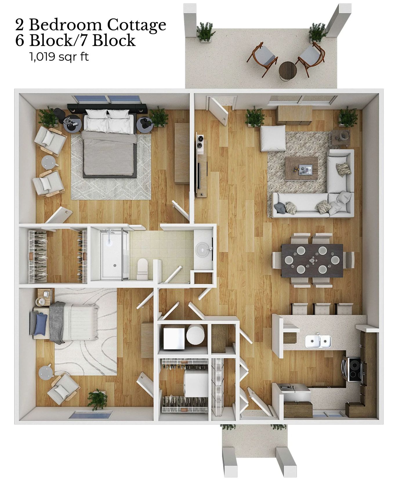 Architectural floor plan of a two-bedroom cottage unit