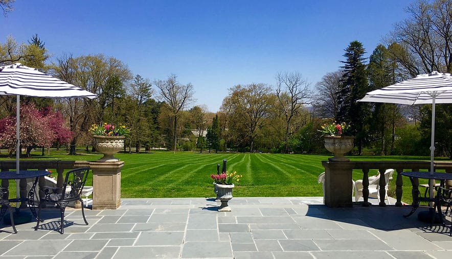 View of landscaped garden with outdoor seating and umbrellas