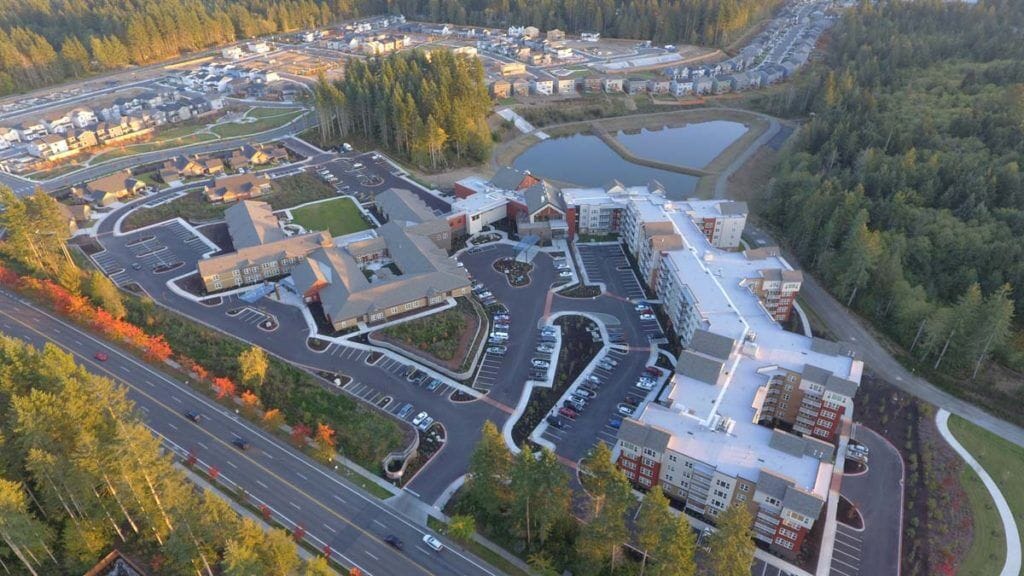 Aerial view of the assisted living facility and surrounding area