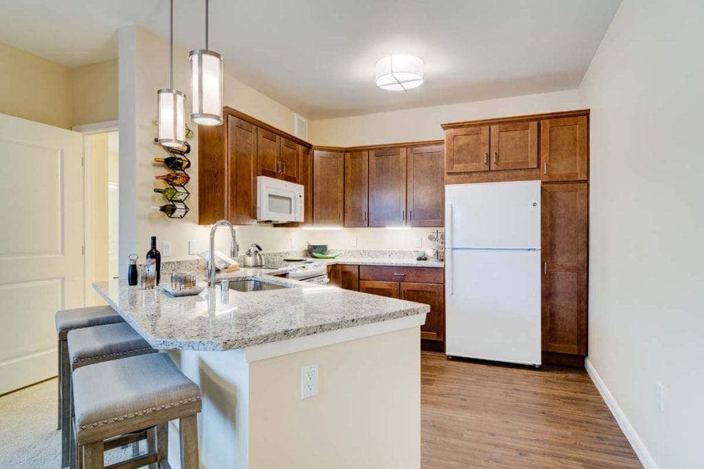 Modern kitchen interior with granite countertops