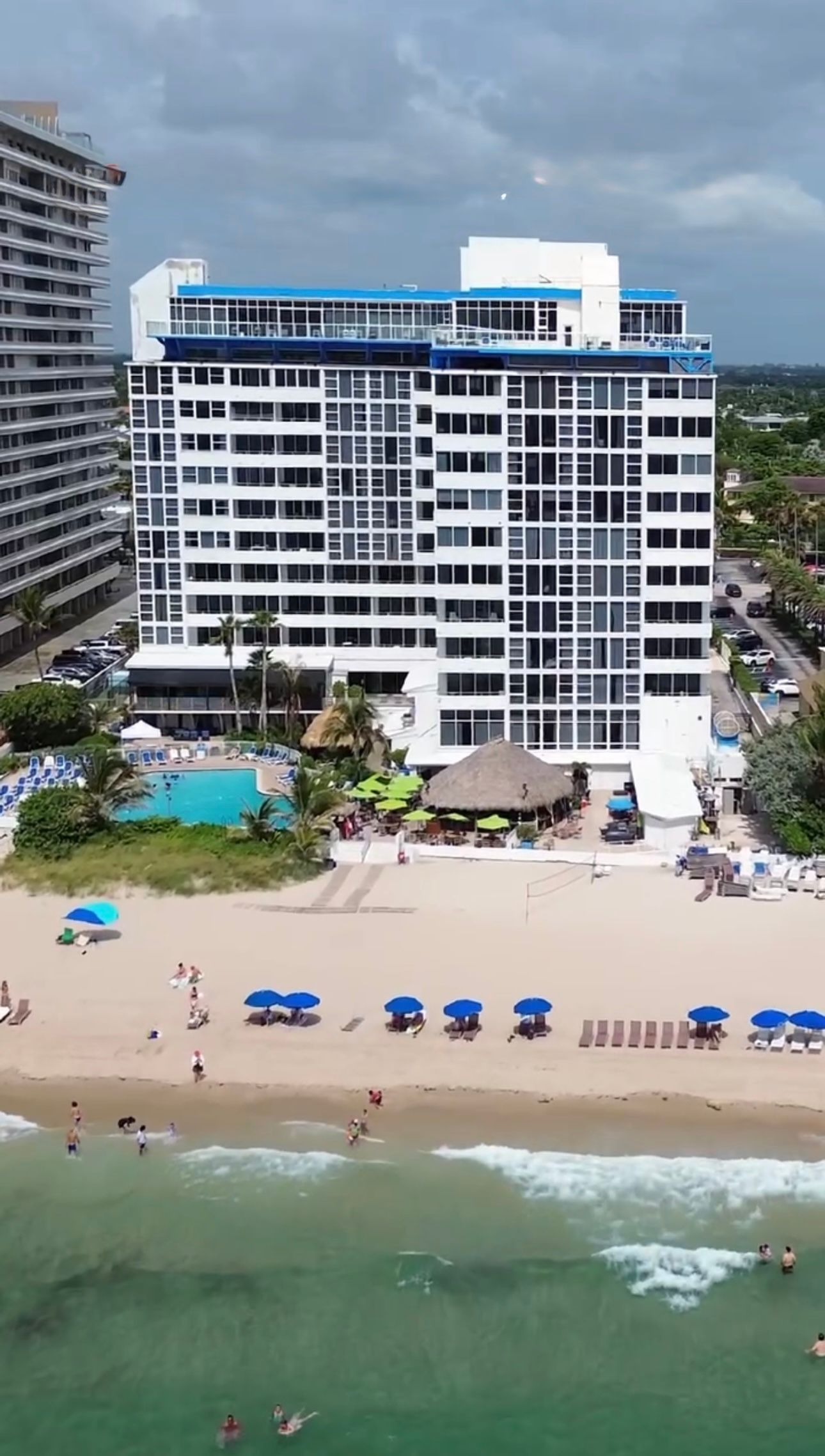 Aerial view of a beachside facility with outdoor space